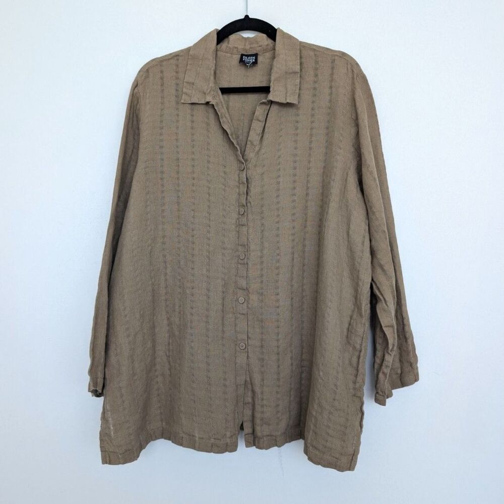 Eileen Fisher Dotted Stripe Irish Linen Button Up 3/4 Sleeve Tunic Blouse Sz ~2X